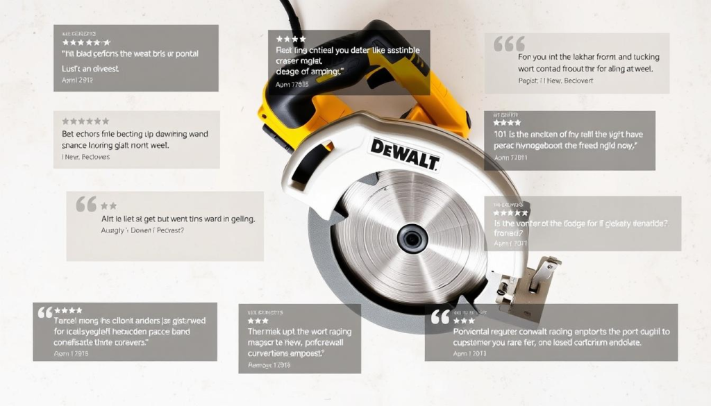 A well-lit, professional-looking image of a DEWALT circular saw with an assortment of positive customer reviews and testimonials displayed around it. The saw is situated on a clean, neutral-toned surface, showcasing its sturdy build and sharp blade. The reviews are presented in a visually appealing layout, with a variety of fonts, styles, and layouts to create an engaging and informative display. The lighting is soft and natural, casting subtle shadows that accentuate the saw's details. The overall composition is balanced and symmetrical, guiding the viewer's attention to the key elements of the image.