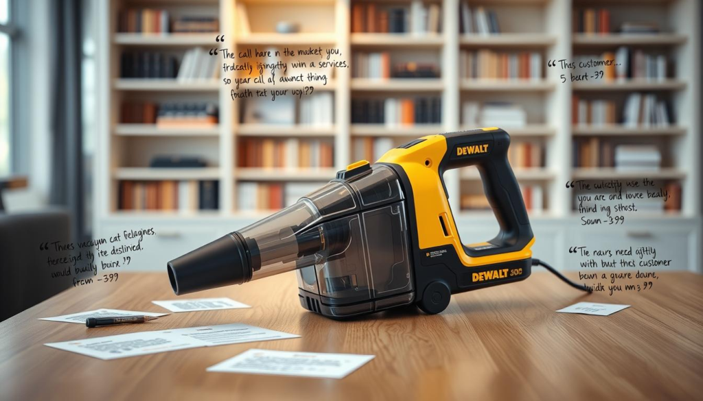 A well-lit review section showcasing a DEWALT cordless vacuum, its sleek black and yellow design prominently displayed. The vacuum rests on a clean, wooden surface, surrounded by scattered customer testimonials, handwritten notes, and a few 5-star rating badges. Soft, diffused lighting casts a warm glow, highlighting the vacuum's premium build quality. In the background, a blurred bookshelf or display wall provides a clean, professional backdrop, emphasizing the product's authoritative presence. The overall composition conveys a sense of trust, reliability, and customer satisfaction with the DEWALT cordless vacuum.