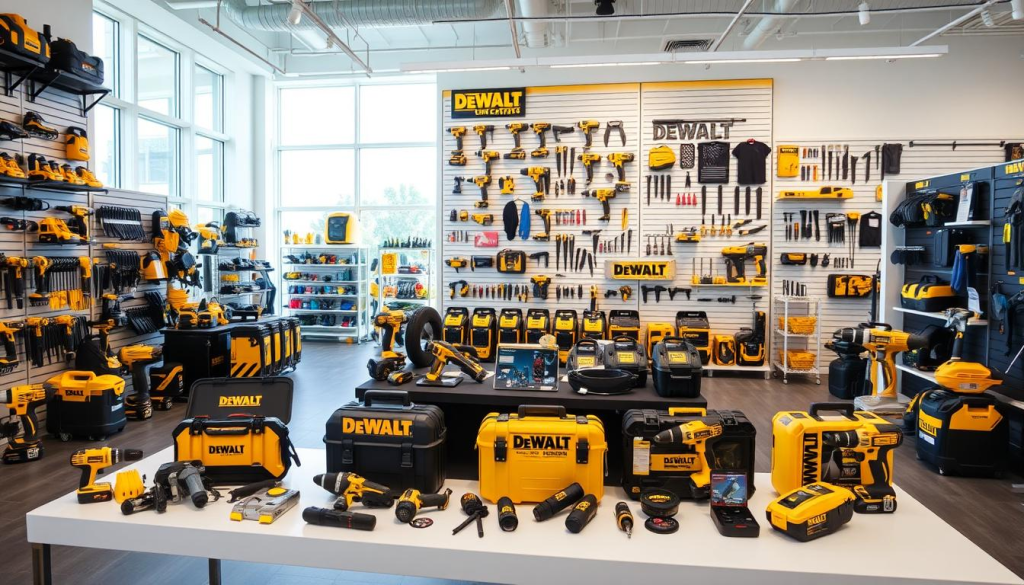 A well-lit showroom displaying an extensive collection of DEWALT power tools, hand tools, and accessories. The foreground features a neatly arranged display of various DEWALT tool sets, with each set showcased on a clean, modern table. The middle ground showcases a wall of DEWALT branded shelves, stocked with a diverse range of tools and equipment. The background depicts a bright, airy space with large windows, allowing natural light to flood the scene. The overall atmosphere conveys a sense of professionalism, quality, and attention to detail, reflecting the high-caliber nature of the DEWALT brand.