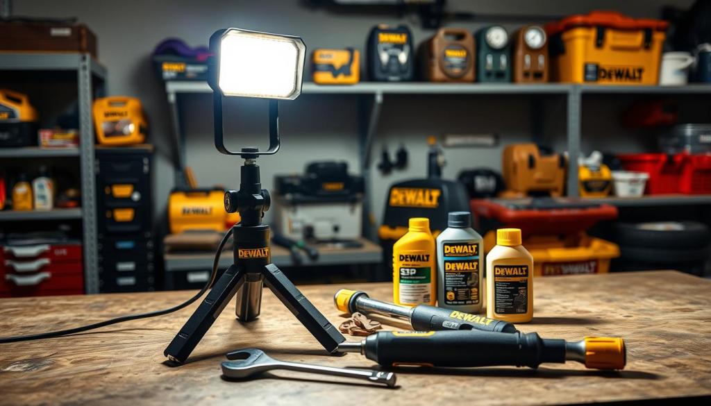 A well-lit workbench in a garage, showcasing a DEWALT LED work light on an adjustable tripod. The light is positioned to illuminate a variety of DEWALT maintenance tools, including a wrench, screwdriver set, and lubricating oil. The scene conveys a sense of order and efficiency, with the tools arranged neatly and the light casting a warm, focused glow. The background features shelves stocked with DEWALT products, suggesting a professional workshop environment. The overall mood is one of functional utility, highlighting the versatility and durability of the DEWALT lighting solution for maintenance tasks.