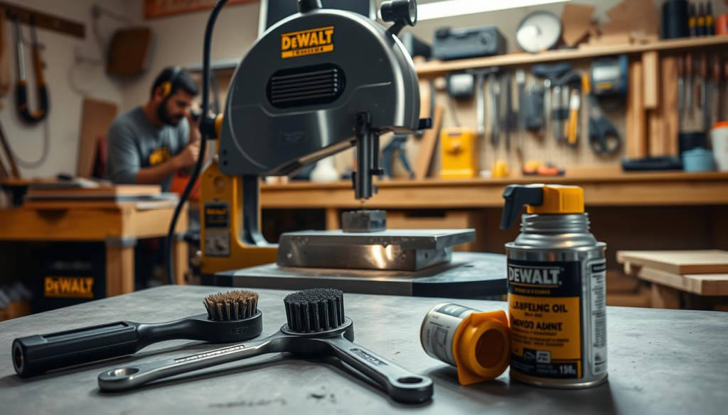 A well-lit workshop, a DEWALT bandsaw positioned prominently, its gleaming metal body and sharp teeth catching the light. In the foreground, various maintenance tools are neatly arranged - a wrench, a brush, and a can of lubricating oil. The background features a clean, organized workbench, with tools and materials suggesting an active woodworking project. The scene conveys a sense of precision, attention to detail, and a dedication to keeping the bandsaw in peak condition for optimal performance and safety.