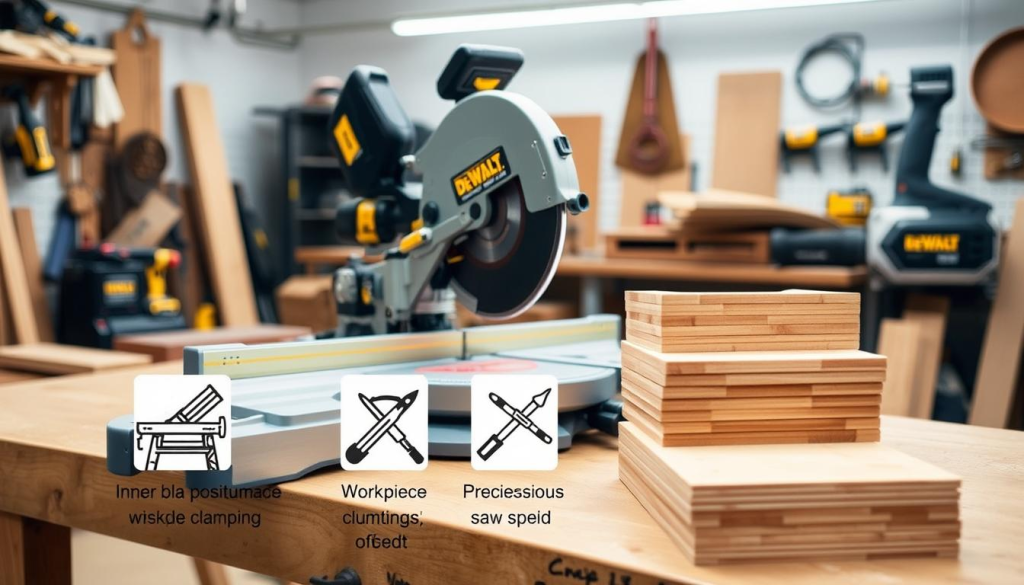 A well-lit workshop interior, with a sturdy DEWALT chop saw prominently positioned on a workbench. The saw features a sharp, high-quality blade and a sturdy, adjustable metal base. In the foreground, a collection of common mistakes to avoid when using a chop saw, such as improper blade positioning, incorrect workpiece clamping, and excessive saw speed. The middle ground showcases the saw's precision cutting capabilities, with neatly stacked wood offcuts. The background subtly hints at the broader workshop environment, with various power tools and materials visible in the periphery, conveying a sense of a professional, well-equipped workspace.