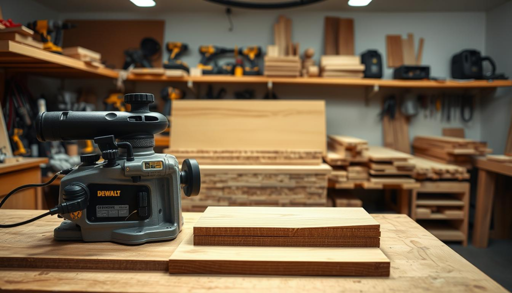 A well-lit workshop interior with a sturdy DEWALT planer positioned prominently on a workbench. The planer's controls and adjustment knobs are clearly visible, inviting the viewer to inspect its features. In the middle ground, neatly stacked wood boards of various sizes and grains await their turn to be precision-planed. The background features a clean, organized workspace with shelves holding power tools and other woodworking accessories, conveying a sense of productivity and craftsmanship. The overall scene radiates a professional, hands-on atmosphere perfect for demonstrating the effective use of the DEWALT planer.