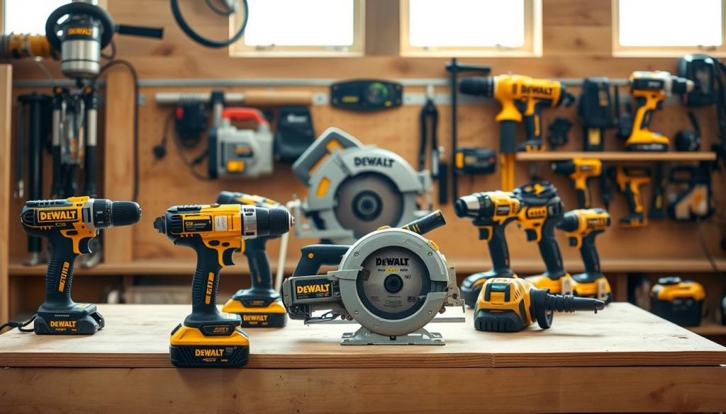 A well-lit workshop scene featuring an assortment of DEWALT power tools arranged neatly on a sturdy wooden workbench. In the foreground, a cordless drill, a circular saw, and a jigsaw stand ready for DIY projects. In the middle ground, a miter saw and a random orbital sander suggest the versatility of the DEWALT lineup. The background showcases other DEWALT essentials like a reciprocating saw, an impact driver, and a tape measure, all bathed in a warm, natural lighting that enhances the high-quality, industrial aesthetic of the tools. The scene conveys a sense of reliable, professional-grade power and durability, perfect for the discerning DIY enthusiast.
