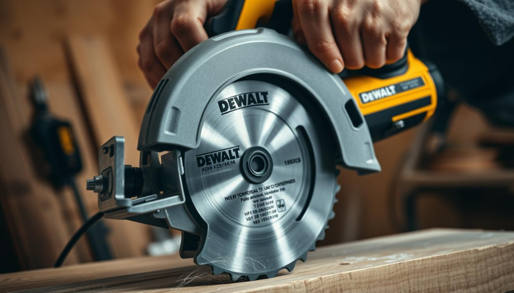 A well-lit workshop scene with a DEWALT circular saw cutting through a wooden plank with precision. The saw blade is in focus, its teeth biting into the wood, creating clean, even cuts. The operator's hands are positioned correctly, guiding the saw with control and confidence. The background is blurred, emphasizing the saw's action. Soft, directional lighting casts shadows that accentuate the saw's mechanics and the texture of the wood. The overall mood is one of skilled craftsmanship and efficient power, showcasing the DEWALT circular saw's reliable performance.