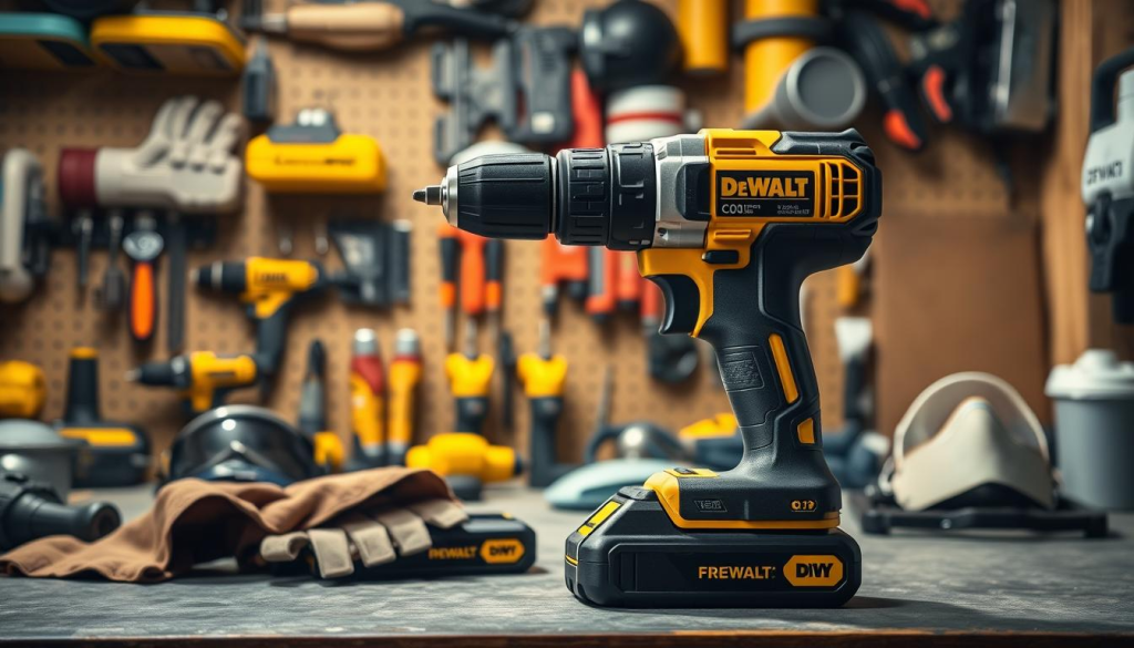 A well-lit workshop scene with a DEWALT cordless drill prominently displayed on a workbench. The drill is surrounded by safety gear, including safety glasses, work gloves, and a dust mask. In the background, various power tools and DIY supplies are neatly organized, conveying a sense of professionalism and attention to detail. The lighting is soft and directional, creating shadows that add depth and dimension to the image. The overall atmosphere is one of safety, precision, and the pride that comes from a job well done.