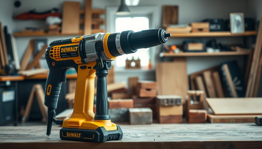A well-lit workshop scene with a DEWALT hammer drill taking center stage. In the foreground, the drill's powerful design and sturdy construction are clearly visible, showcasing its durability and reliability. The middle ground features a variety of DIY projects, including wood planks, bricks, and concrete, highlighting the drill's versatility in tackling a range of materials. The background depicts a clean, organized workspace, with shelves of tools and a window that lets in natural light, creating a welcoming and productive atmosphere. The scene conveys the benefits of the DEWALT hammer drill, such as its ability to handle heavy-duty tasks, its user-friendly ergonomics, and its suitability for a wide array of home improvement and construction applications.