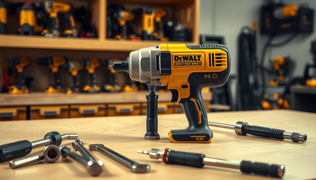 A well-lit workshop setting showcases a professional-grade DeWalt impact wrench resting on a clean workbench. The wrench's exterior is meticulously detailed, with the iconic DeWalt yellow housing and sturdy metal construction. In the foreground, a set of tools, including screwdrivers, wrenches, and a torque wrench, are arranged neatly, hinting at the maintenance process. The background features shelves stocked with various DeWalt power tools, conveying a sense of a well-equipped workspace. Soft, directional lighting casts gentle shadows, emphasizing the wrench's form and the overall precision of the scene.