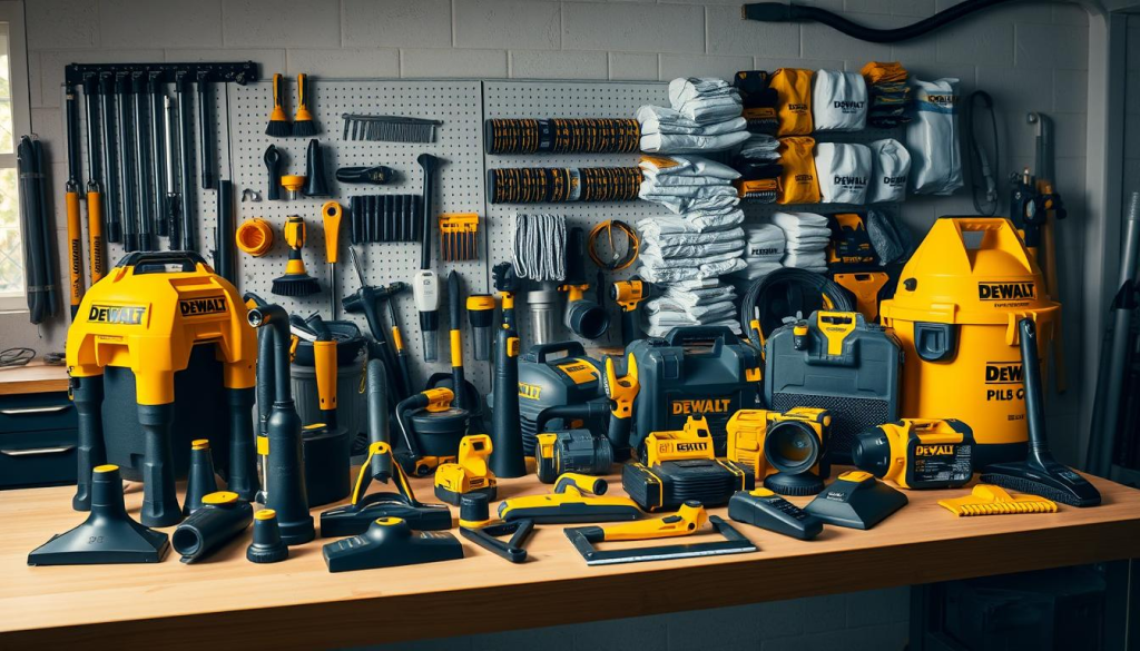 A well-lit workshop setting, showcasing an array of DEWALT shop vac accessories artfully arranged on a clean, wooden workbench. In the foreground, an assortment of nozzles, hoses, and brush attachments in various sizes and shapes, each casting soft shadows. The middle ground features a selection of specialty tools like crevice tools and squeegees, all in the signature DEWALT yellow and black color scheme. In the background, a wall-mounted storage system displays a range of filter bags and other replacement parts, creating a sense of order and organization. The overall atmosphere is one of professional-grade quality and attention to detail, reflecting the high-performance capabilities of the DEWALT shop vac system.