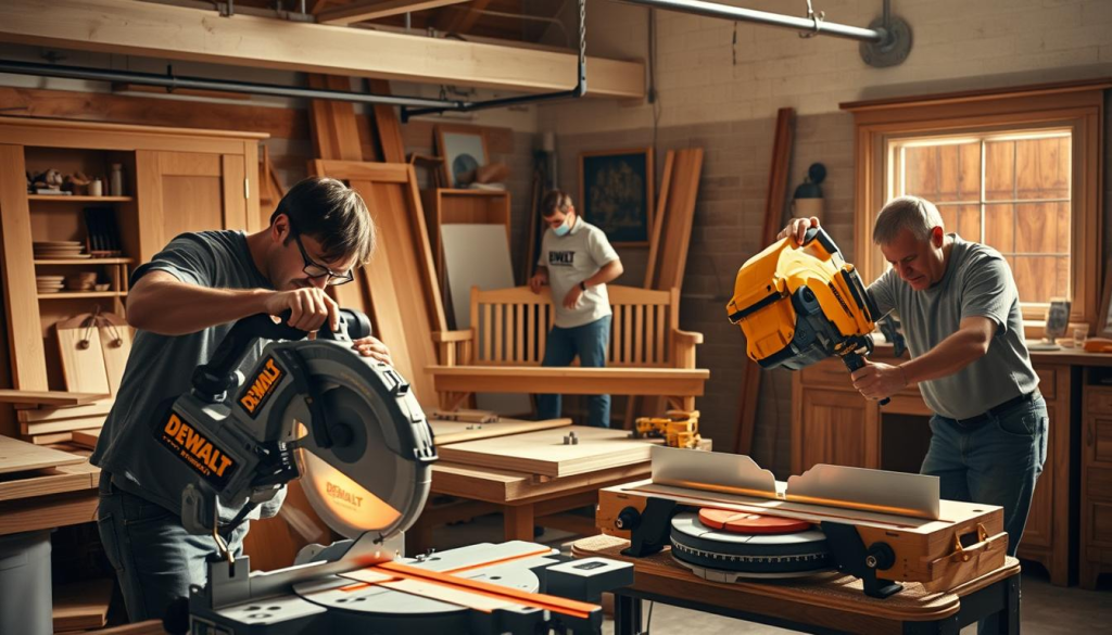 A well-lit workshop setting, showcasing various real-world applications of a DEWALT miter saw. In the foreground, a skilled carpenter meticulously cuts intricate crown molding, the saw's blade gliding through the wood with precision. In the middle ground, a DIY enthusiast constructs a sturdy outdoor bench, utilizing the miter saw's bevel and angle adjustments to create perfectly mitered joints. In the background, a professional cabinetmaker shapes decorative trim for a high-end kitchen renovation, the saw's powerful motor effortlessly cutting through hardwood. Soft shadows and warm, natural lighting convey a sense of craftsmanship and attention to detail, highlighting the versatility and capability of the DEWALT miter saw.