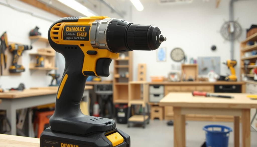 A well-lit workshop setting with a DEWALT cordless drill as the central focus. In the foreground, the drill is being used to drive screws into a wooden surface, showcasing its power and precision. In the middle ground, a variety of DIY projects are visible, such as a shelving unit, a small piece of furniture, and a tool rack, all of which are being constructed or repaired with the help of the DEWALT drill. The background features a clean, organized workspace with various power tools, workbenches, and storage solutions, creating a sense of a professional, well-equipped home workshop. The overall scene conveys the versatility and effectiveness of the DEWALT cordless drill in a wide range of DIY applications.