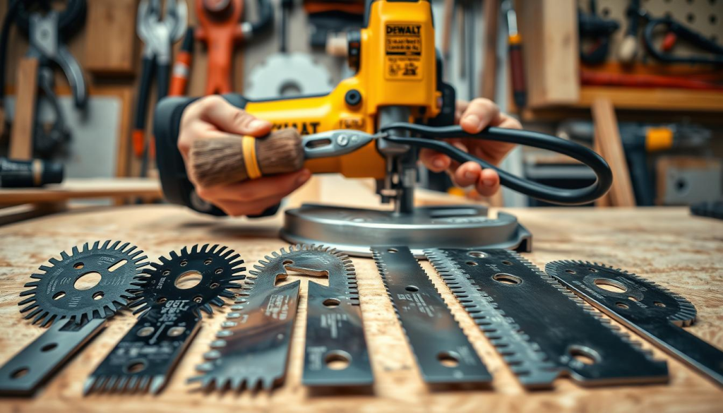 A well-lit workshop setting with a DEWALT jigsaw sitting on a wooden workbench. In the foreground, a set of jigsaw blades of various types and sizes are neatly arranged, showcasing their intricate teeth and sharp edges. The middle ground features a pair of hands carefully inspecting and maintaining one of the blades, using tools like a brush and pliers to clean and adjust it. The background depicts tools and materials common to woodworking, creating a sense of a professional, well-equipped workspace. The scene conveys a sense of focus, precision, and the importance of proper blade maintenance for effective and safe jigsaw operation.