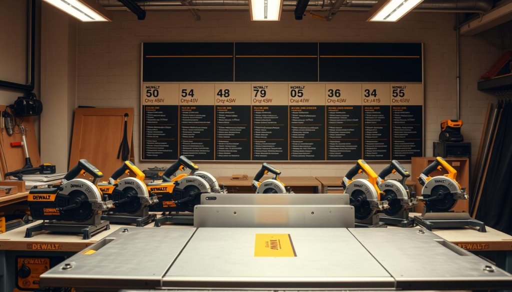 A well-lit workshop setting with a prominent table saw, surrounded by various DEWALT chop saw models in the foreground. The chop saws are neatly arranged, showcasing their distinct designs and features. In the background, a wall display highlights the key specifications and capabilities of each model, allowing for a detailed comparison. The lighting is warm and directed, creating a professional, informative atmosphere. The camera angle is slightly elevated, providing an overview of the scene and emphasizing the attention to detail in the product presentation.