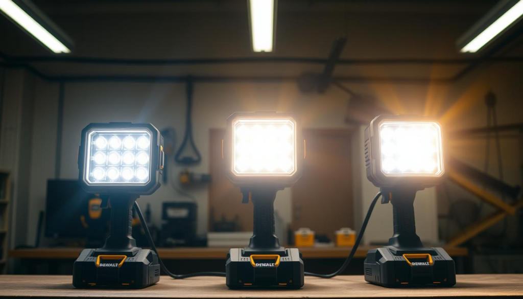 A well-lit workshop setting with three DEWALT LED lights prominently displayed on a workbench, each emitting a warm, focused beam of light. The lights are arranged in a row, allowing for a side-by-side comparison of their brightness and coverage. The background is a neutral, industrial-style environment, providing a clean canvas to showcase the products. The lighting is carefully balanced, creating a sense of depth and highlighting the unique features of each DEWALT LED light. The overall composition emphasizes the comparison aspect, inviting the viewer to observe the differences in illumination and performance between the models.