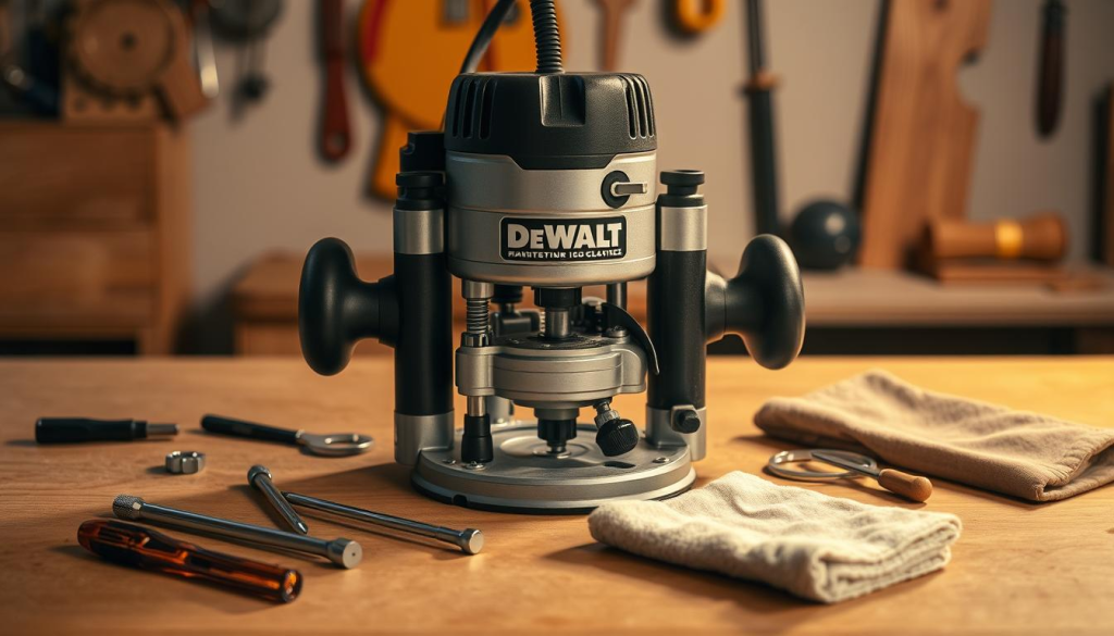 A well-lit workshop table, a DeWalt router sitting prominently in the center, surrounded by various maintenance tools - screwdrivers, Allen wrenches, and a clean cloth. The router's inner workings are partially exposed, revealing the intricate mechanisms that enable its precision cutting. Soft shadows cast by the router and tools create a sense of depth, while the warm lighting washes over the scene, conveying a atmosphere of focused care and attention to detail. The image captures the essence of maintaining a high-quality power tool for woodworking, ready to inspire DIY enthusiasts and professionals alike.