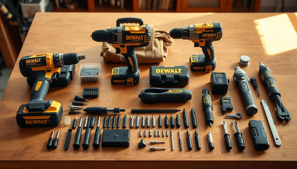 A well-lit workshop table displaying a neatly arranged DEWALT tool kit. The kit's contents are meticulously laid out, including a cordless drill, impact driver, oscillating multi-tool, and an assortment of drill bits, screwdriver tips, and other accessories. The tools have a sleek, professional appearance, with the DEWALT logo prominently visible. Warm, natural lighting illuminates the scene, casting subtle shadows and highlights that accentuate the tools' textures and details. The overall atmosphere conveys a sense of organized efficiency, reflecting the importance of proper maintenance for ensuring the longevity and performance of the DEWALT combo kit.