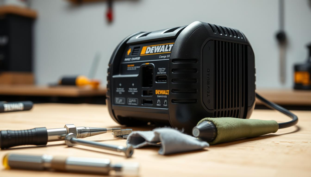A well-lit workshop table showcases a DEWALT charger, its sleek black housing gleaming under the soft, diffused lighting. The charger's ports and interfaces are clearly visible, inviting the viewer to inspect its inner workings. In the foreground, various tools and maintenance items, such as a screwdriver, a brush, and a cleaning cloth, are neatly arranged, suggesting a methodical approach to charger care. The background features a clean, uncluttered space, allowing the charger to take center stage and highlighting its importance in the overall DEWALT power tool ecosystem.