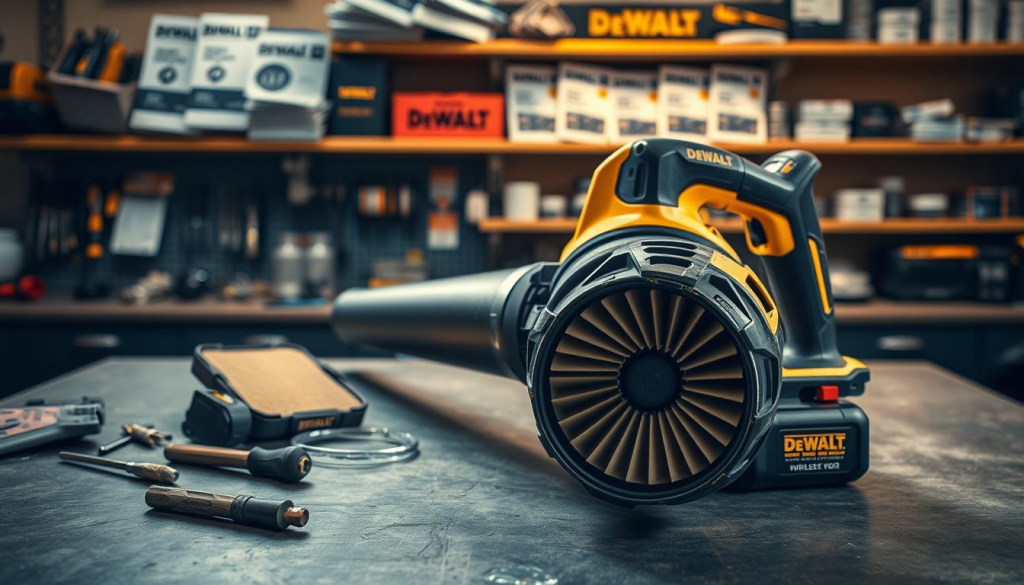 A well-lit workshop table showcasing a DEWALT cordless blower being meticulously maintained. In the foreground, the blower's air filter is exposed, ready for cleaning. In the middle ground, a set of DEWALT tools, including a screwdriver and wrench, are neatly arranged. The background features shelves stocked with DEWALT product manuals and spare parts, creating an organized, professional atmosphere. Warm, directional lighting casts subtle shadows, emphasizing the attention to detail. The overall scene conveys the importance of proper maintenance for optimal performance of the DEWALT blower.
