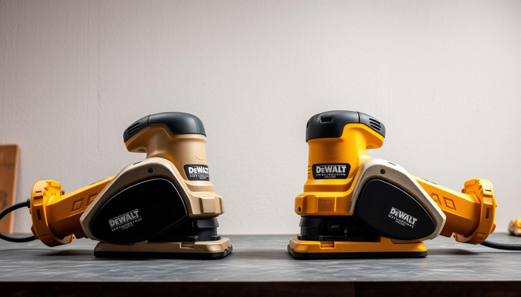 A well-lit workshop table showcasing a side-by-side comparison of two DeWalt belt sanders, their sleek bodies gleaming under crisp lighting. The sanders are positioned at an angle, allowing viewers to appreciate their distinct designs and features. The background is a neutral, but slightly textured surface, creating a clean and professional setting. The scene conveys a sense of precision and attention to detail, inviting the viewer to closely examine and compare the sanders' capabilities. The overall composition emphasizes the quality and engineering of these power tools, establishing a sense of authority and expertise.