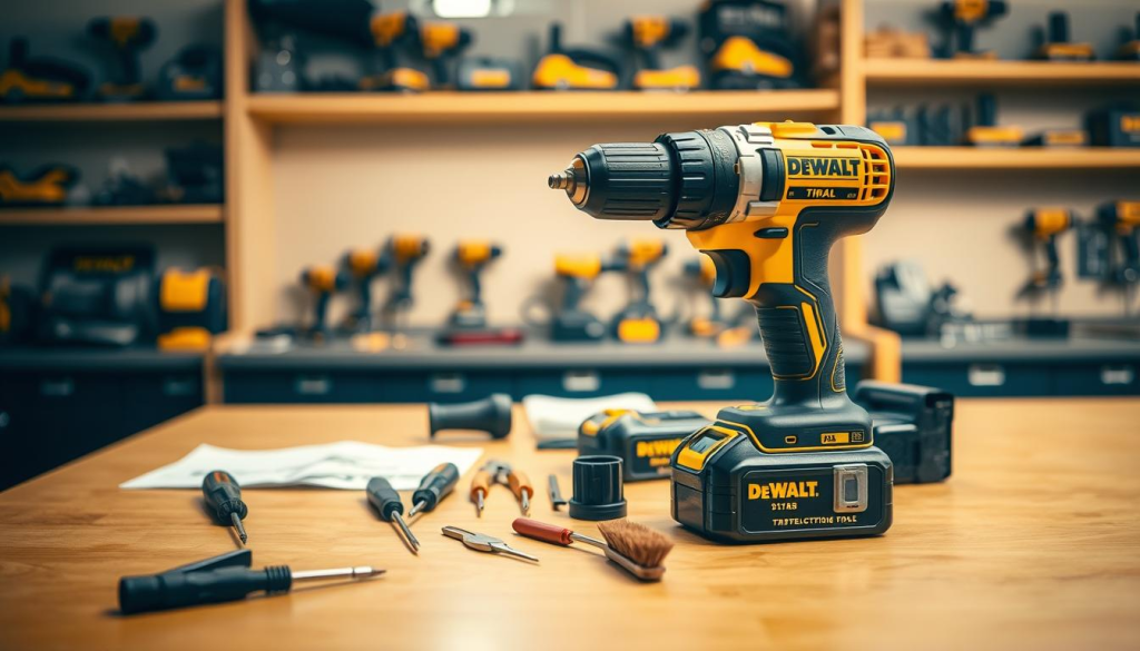 A well-lit workshop table with a DEWALT cordless drill in the foreground, its components neatly laid out. In the middle ground, a set of maintenance tools - screwdrivers, pliers, and a brush - arranged alongside instruction manuals. The background features shelves stocked with DEWALT power tools, creating a professional, organized workspace. The lighting is warm and natural, casting soft shadows that accentuate the drill's sleek design. The overall mood is one of diligence and care, reflecting the importance of proper drill maintenance.