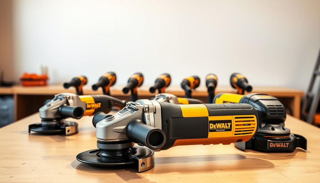 A well-lit workspace with a prominent table showcasing an array of DeWalt angle grinders in various sizes and styles. The grinders are neatly arranged, highlighting their distinct features and designs. In the foreground, a large 4.5-inch angle grinder takes center stage, its sturdy body and powerful motor clearly visible. In the middle ground, a range of other grinders, including a 5-inch and a 6-inch model, are displayed side by side, allowing for easy comparison of size, weight, and power capabilities. The background features a clean, minimalist setting, emphasizing the grinders as the focal point. Warm, natural lighting accentuates the sleek metal finishes and creates a sense of professionalism and high-quality craftsmanship.