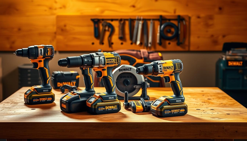 A well-organized DeWalt power tool set resting on a clean, wooden workbench, illuminated by warm, directional lighting that casts dramatic shadows. The foreground features the core tools - a cordless drill, an impact driver, and a reciprocating saw - arranged in a visually appealing composition. In the middle ground, additional accessories like a compact circular saw and a multi-tool complement the set, showcasing the versatility of the DeWalt ecosystem. The background subtly suggests a functional workshop environment, hinting at the range of DIY projects this robust collection can empower.