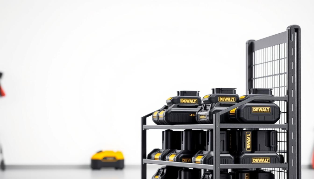 A well-organized, neatly arranged DEWALT battery storage solution. In the foreground, a sturdy metal storage rack showcases a collection of DEWALT batteries, each cradled in its own compartment. The batteries are illuminated by soft, diffused lighting, emphasizing their sleek, industrial design. In the middle ground, the storage rack is placed against a clean, white background, creating a minimalist, professional atmosphere. The background subtly hints at a workshop or garage setting, with subtle hints of tools and equipment visible in the distance, suggesting the practicality and utility of this storage solution. The overall image conveys a sense of efficiency, organization, and the reliable performance of DEWALT batteries.
