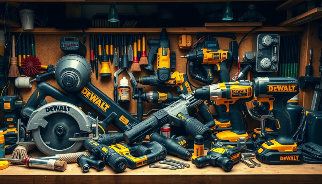 A workbench cluttered with an assortment of DEWALT power tools, including a circular saw, a hammer drill, and an impact driver. The tools are arranged neatly, each with its own dedicated spot, surrounded by various maintenance items like cleaning brushes, lubricating oil, and Allen wrenches. Soft, diffused lighting from overhead creates a warm, inviting atmosphere, highlighting the rugged yet precise engineering of the tools. The scene conveys a sense of organized efficiency, emphasizing the importance of proper maintenance for ensuring the longevity and performance of DEWALT power tools.