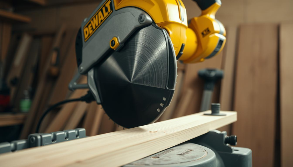 A workshop scene with a DEWALT miter saw taking a precise, clean cut through a wooden plank. The saw's blade is in motion, creating a sharp, defined line. The workpiece is firmly clamped, ensuring stability. Bright, focused lighting illuminates the task, casting dramatic shadows. The saw's metallic body and bright yellow accents stand out against the neutral tones of the workshop. The image conveys the power, precision, and confidence of using a DEWALT miter saw to achieve perfect cuts.