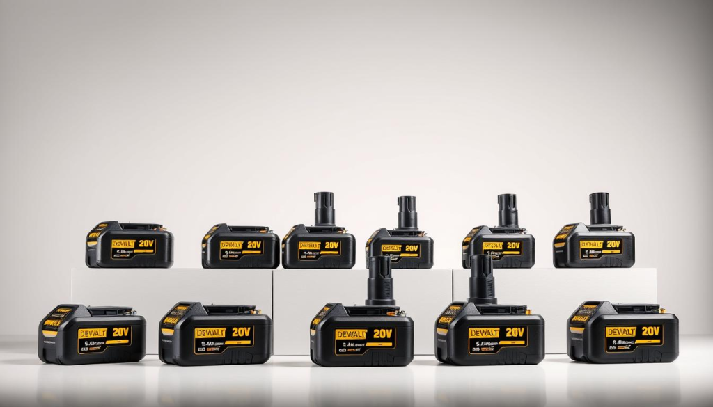 An extensive array of DEWALT 20V MAX* lithium-ion batteries displayed against a clean, minimalist backdrop. The batteries are showcased in various angles, highlighting their sleek, sturdy design and the iconic DEWALT branding. Soft, directional lighting accentuates the batteries' metallic accents, creating a sense of professionalism and reliability. The image conveys the interchangeability and compatibility of these power sources, emphasizing their versatility across the DEWALT cordless tool ecosystem. The overall composition and mood evoke a modern, high-quality industrial aesthetic, reflecting the advanced engineering and performance of the DEWALT 20V MAX* battery system.