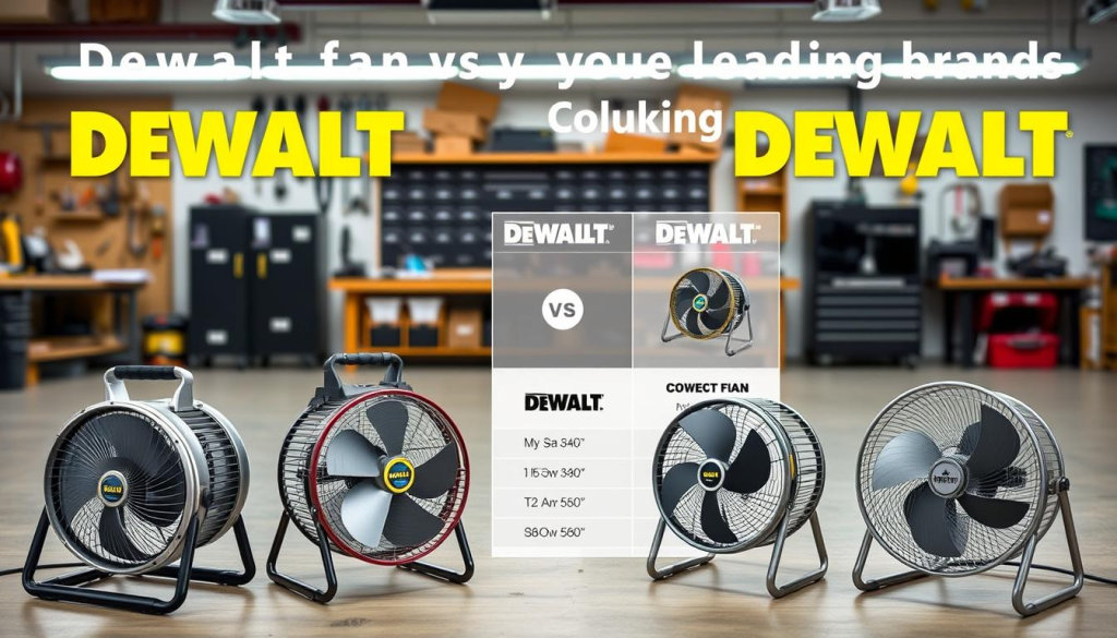 An indoor scene showcasing a detailed comparison of DEWALT fans against other leading brands. In the foreground, three DEWALT fans of different models are prominently displayed, their sleek metallic designs and powerful airflow evident. In the middle ground, side-by-side comparisons highlight the unique features and specifications of the DEWALT fans versus competitor products. The background is a neatly organized workshop setting, with tools and workbenches visible, creating a professional, industrial atmosphere. Bright, balanced lighting illuminates the scene, allowing the fans' quality and performance to be clearly demonstrated. The overall composition conveys a sense of thoughtful, expert analysis of the DEWALT fan lineup.