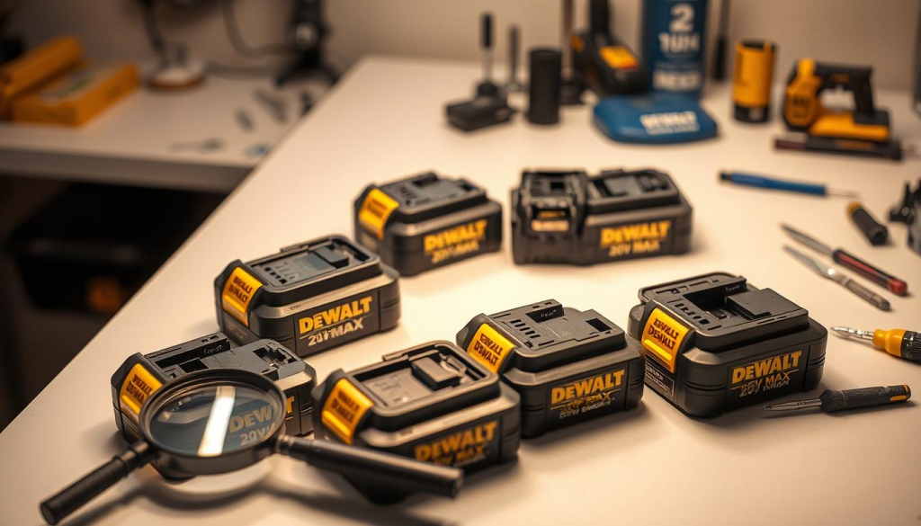 Crisp, detailed image of DEWALT 20V MAX lithium-ion battery packs arranged on a clean, well-lit workbench. Packs in varying states of disassembly, exposing their internal components. Magnifying glass, screwdriver, and other repair tools nearby, conveying a troubleshooting scenario. Soft, warm lighting from above illuminates the scene, casting subtle shadows. Background blurred, focusing attention on the battery packs and repair process. Conveys a sense of technical analysis and problem-solving related to maintaining DEWALT 20V power tools.