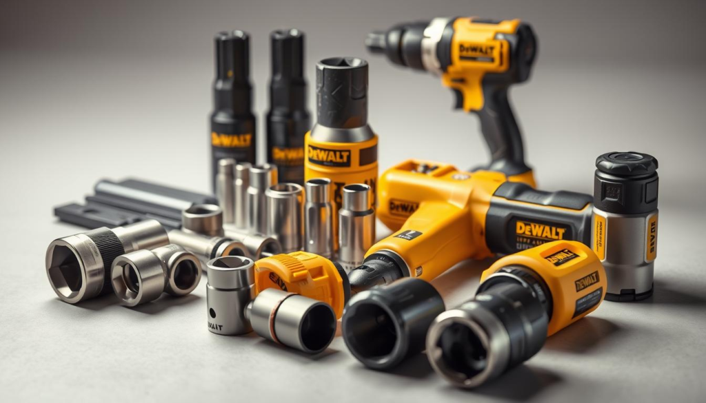 Crisp, well-lit image of a collection of DeWalt impact wrench accessories, including sockets, extensions, and other attachments, neatly arranged on a clean, neutral surface. The accessories should be rendered in high detail, showcasing their rugged, industrial design and quality craftsmanship. The lighting should be soft and directional, emphasizing the textures and metallic finishes of the tools. The composition should be balanced and visually appealing, with the accessories positioned in a way that highlights their versatility and practical applications. The overall mood should convey a sense of professionalism, reliability, and the power of DeWalt's impact wrench technology.