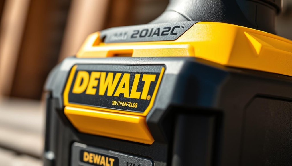 Detailed close-up of a DEWALT 18V lithium-ion battery pack, captured with a macro lens in natural daylight. The battery has a sleek, rugged design with a textured grip and the iconic DEWALT yellow accents. Highlight the high-capacity cells and advanced power electronics that deliver sustained cordless performance for DEWALT 20V power tools. Emphasize the battery's durable construction and superior thermal management for reliable operation in demanding job site conditions. Convey a sense of power, efficiency, and the benefits of cordless freedom that DEWALT 20V tools provide.