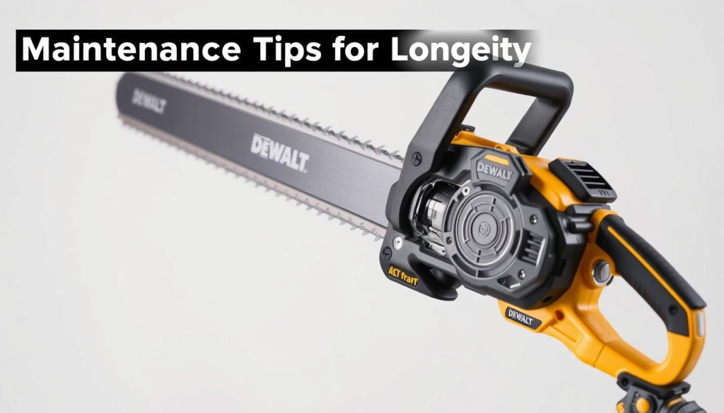 Detailed close-up of a DEWALT cordless pole saw, showcasing its maintenance components. The saw is positioned against a clean, minimalist background, with soft, even lighting illuminating its features. The image captures the saw's battery, motor, and cutting mechanism in sharp focus, highlighting the intricate engineering and precision required for optimal performance and longevity. The composition emphasizes the saw's durability and reliability, conveying a sense of professionalism and expertise. The overall tone is informative and instructive, providing a visual reference for the "Maintenance Tips for Longevity" section of the article.