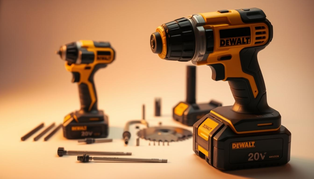 Detailed close-up shot of a DEWALT 20V cordless power tool, illuminated by warm, diffused studio lighting. The tool's ergonomic design, with rubber grip and sleek body, is showcased in the foreground. In the middle ground, various attachments and accessories like drill bits, saw blades, and a battery pack are neatly arranged, highlighting the tool's versatility. The background features a clean, neutral backdrop that allows the product details to stand out. The image conveys the user-friendly and high-performance features of the DEWALT 20V power tool.
