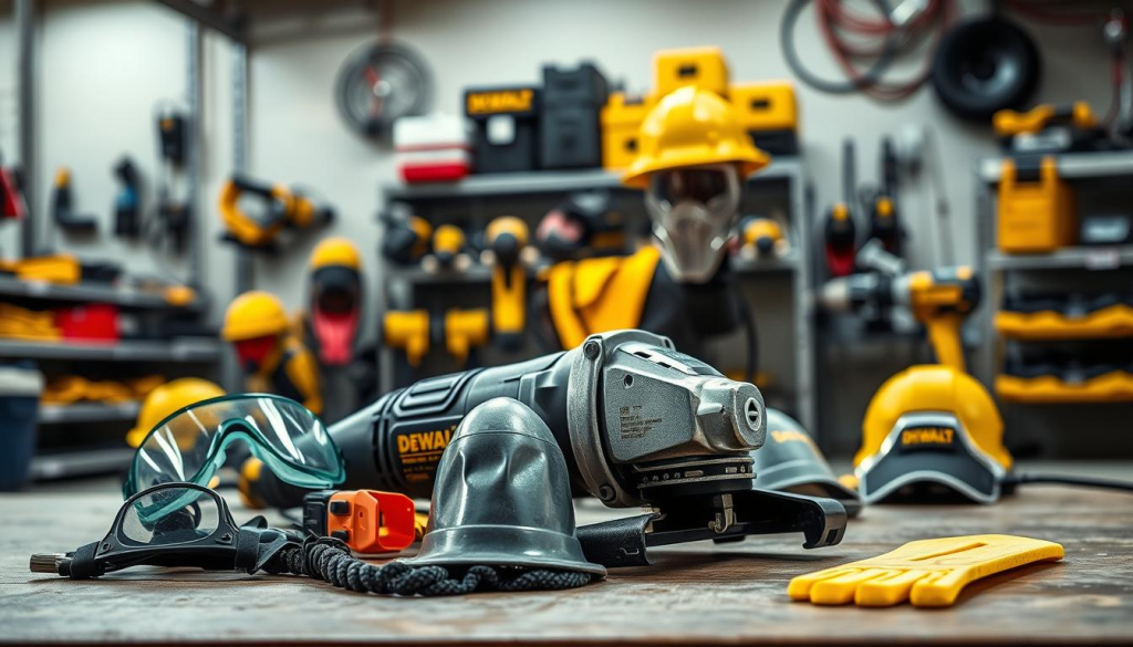 Detailed close-up shot of a DEWALT angle grinder in a well-lit, industrial workshop setting. The grinder is positioned prominently in the foreground, showcasing its sturdy construction and various safety features. In the middle ground, display a collection of safety tools and personal protective equipment (PPE) such as safety glasses, gloves, and a dust mask. In the background, include a clean, organized workspace with shelves of DEWALT power tools and accessories. Emphasize the importance of proper safety practices through the careful arrangement and lighting of the scene, creating a sense of professionalism and attention to detail.