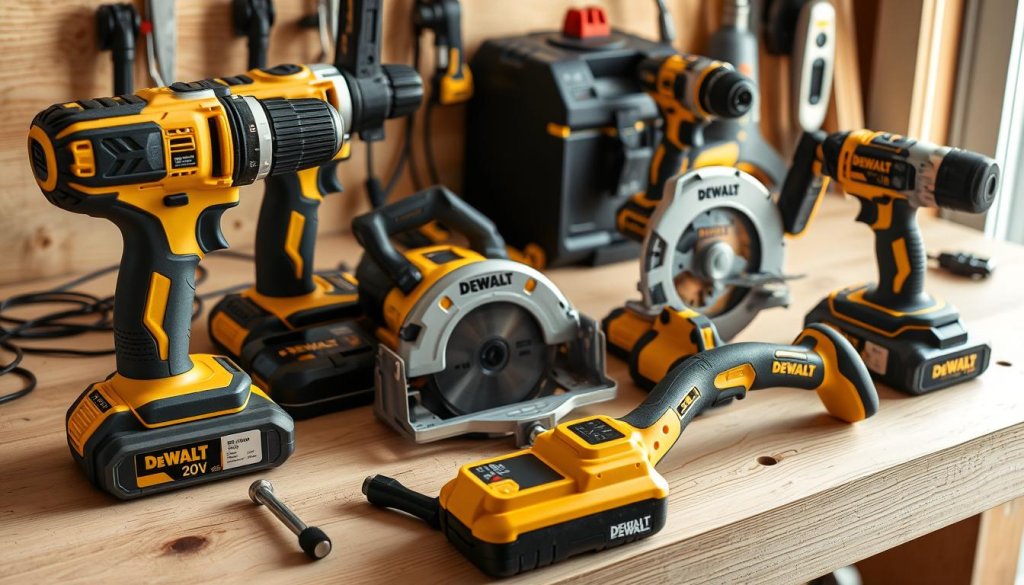 Detailed close-up shot of a variety of DEWALT 20V cordless power tools and accessories, neatly arranged on a clean, wooden workbench. The tools include a drill, impact driver, circular saw, jigsaw, and oscillating multi-tool, all showcasing the DEWALT branding and sleek black and yellow color scheme. The tools are well-lit, with natural light streaming in from the side, casting subtle shadows and highlights that accentuate their robust, high-quality construction. The scene exudes a sense of professionalism and competence, perfectly suited for DIY projects and home improvement tasks.