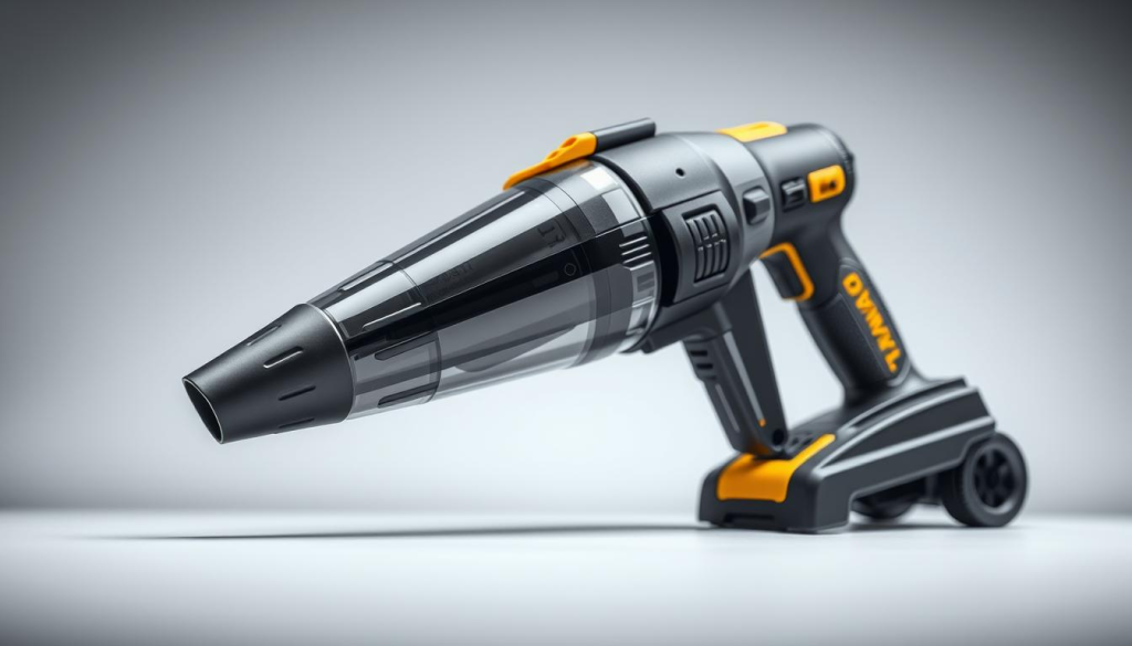 Detailed, ergonomic DEWALT cordless vacuum with sleek, modern design. Crisp, well-lit studio shot from a low angle, showcasing the vacuum's streamlined body, thoughtfully placed controls, and textured grips for comfortable handling. Muted gray and yellow color scheme evokes a sense of durability and efficiency. Prominent frontal profile highlights the powerful suction nozzle, while a shallow depth of field draws the eye to the harmonious blend of form and function. Convey a sense of professional-grade cleaning power and effortless maneuverability.