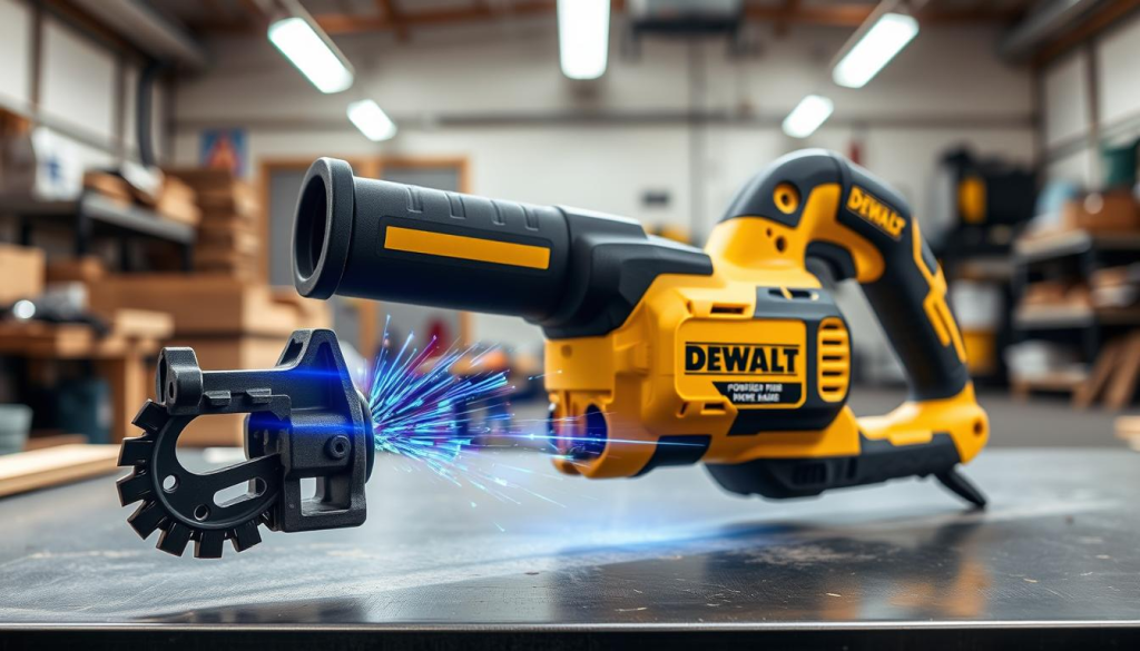 Detailed image of a DEWALT reciprocating saw showcasing its key benefits. Prominent in the foreground, the saw's robust and ergonomic construction, with its powerful motor and precision blade, conveys ruggedness and efficiency. In the middle ground, shimmering blue highlights accentuate the saw's sleek design and advanced features, such as variable speed control and tool-free blade changes. The background is a clean, well-lit workshop setting, creating a professional, industrial atmosphere that highlights the saw's versatility and suitability for demanding cutting tasks. Crisp, high-resolution rendering with natural lighting and shallow depth of field to draw the viewer's focus to the saw's impressive capabilities.