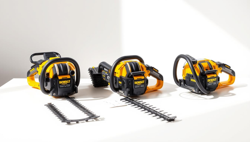 Detailed product comparison of DEWALT hedge trimmers in a high-quality studio setting. Showcase three popular models prominently displayed on a clean, minimalistic white table. Capture the distinctive design, features, and accessories of each trimmer from multiple angles using a shallow depth of field. Bright, natural lighting from the side illuminates the tools, highlighting their textures and colors. Convey a sense of quality, professionalism, and technical precision to match the premium DEWALT brand.