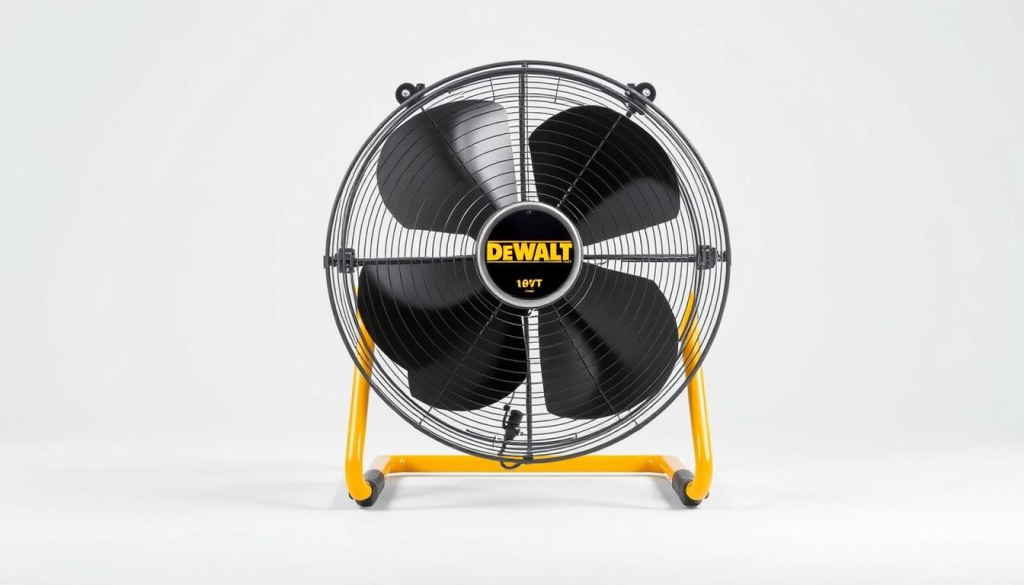 Detailed product image of a DEWALT industrial-grade fan, photographed in a well-lit studio setting with a clean white background. The fan is positioned in the center, showcasing its sturdy metal construction, powerful dual-blade design, and adjustable tilt mechanism. Emphasis is placed on the DEWALT brand logo and key technical specifications, such as the fan's CFM rating, airflow range, and cord length. The image conveys a sense of reliability, durability, and efficiency, reflecting the high-quality standards associated with the DEWALT brand in the professional power tool market.