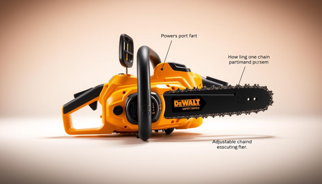 Detailed product shot of a DeWalt 20V cordless chainsaw against a clean, well-lit background. The chainsaw is positioned in the center, with a crisp, high-resolution focus on the key features - the battery port, safety switch, and adjustable chain tensioning system. The image has a sleek, professional look, emphasizing the power, durability, and ease of use of the tool. Soft shadows and a subtle warm lighting create depth and dimension, showcasing the chainsaw's sturdy build and premium design. The overall mood is one of confidence, reliability, and the promise of effortless cutting performance.