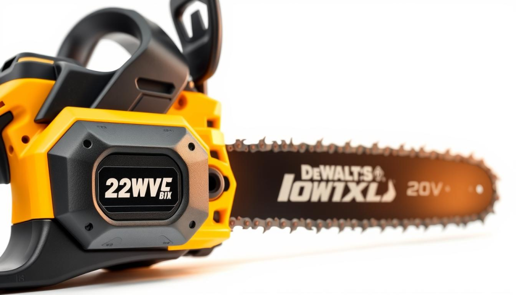 Detailed product shot of the DeWalt 20V MAX Brushless Cordless Chainsaw, showcasing its key features. Crisp, high-resolution image with a clean, white background. Close-up view of the chainsaw's body, capturing the textured grip, sleek design, and prominent DeWalt branding. Focused on the 20V battery, chain, and guide bar, highlighting the technical specifications. Warm, natural lighting accentuates the tool's premium quality. Conveying a sense of power, efficiency, and ease of use for professional-grade tree trimming and wood cutting tasks.