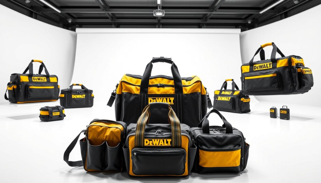 Dewalt tool bags, an array of durable and versatile storage solutions, captured in a well-lit studio setting. In the foreground, a variety of bag styles and sizes are displayed, each showcasing Dewalt's signature black and yellow color scheme. The middle ground features the bags' robust construction, with visible reinforced handles and pockets designed to withstand the demands of professional use. In the background, a clean, white backdrop provides a sleek and modern backdrop, highlighting the precision engineering and attention to detail that define the Dewalt brand. The overall atmosphere conveys a sense of rugged reliability and unwavering quality, reflecting the power and performance of Dewalt tools.