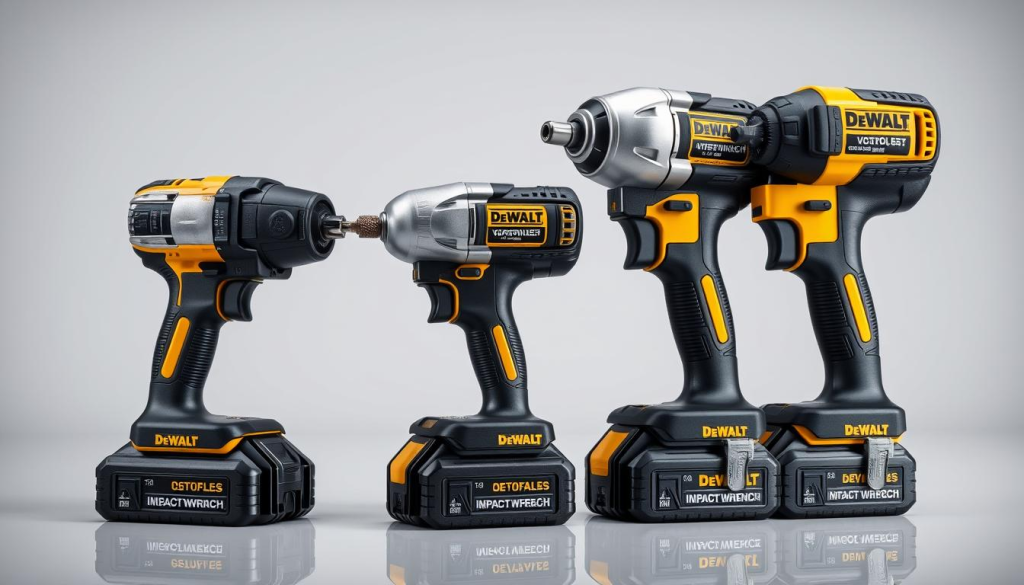 Prompt A meticulously rendered comparison of three DeWalt cordless impact wrench models, presented in a well-lit studio setting. The wrenches are displayed side-by-side on a clean, reflective surface, showcasing their distinct designs and features in crisp detail. Precise lighting highlights the textured metallic finishes, creating depth and emphasizing the powerful, industrial aesthetic. The models are captured from a slightly elevated angle, allowing the viewer to clearly examine and compare the size, shape, and functional elements of each tool. The overall scene conveys a sense of technical precision and professional evaluation, inviting the viewer to closely inspect and assess the relative merits of these heavy-duty power tools.