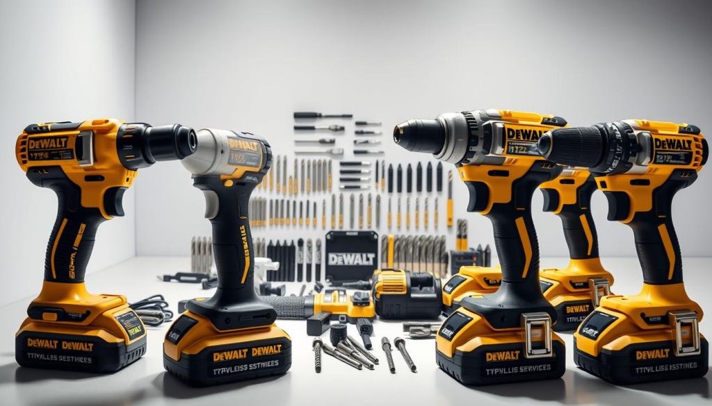Prompt A well-lit, high-angle shot showcasing a collection of DEWALT 20V cordless drills and drivers in a clean, professional setting. The drills are positioned prominently in the foreground, their sleek black and yellow bodies gleaming under soft, directional lighting. In the middle ground, various drill bits, drivers, and accessories are neatly arranged, highlighting the versatility of the DEWALT system. The background features a clean, minimalist workspace, emphasizing the power and precision of these DEWALT tools. The overall composition conveys the rugged durability and advanced engineering that define the DEWALT brand.