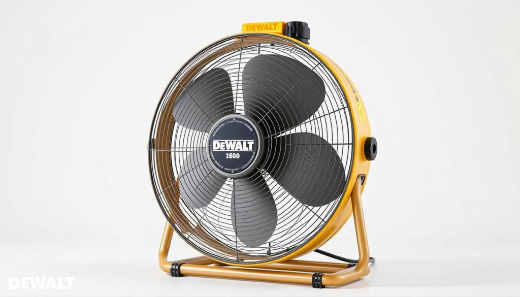a highly detailed, photorealistic, industrial product image of a DEWALT work fan, showcasing its technical specifications and features. The fan is positioned in the center of the frame, presented from a 3/4 angle to highlight its sleek, modern design. The background is a clean, white studio setting, allowing the fan to stand out prominently. The lighting is soft and evenly distributed, capturing the fan's metallic and plastic components with clarity and precision. The composition emphasizes the fan's key details, such as the adjustable louvers, speed settings, power cord, and DEWALT branding. The image conveys a sense of quality, durability, and functionality, aligning with the "Stay Cool on the Job with DEWALT Fan" article subject and "How to Choose the Right DEWALT Fan" section title.