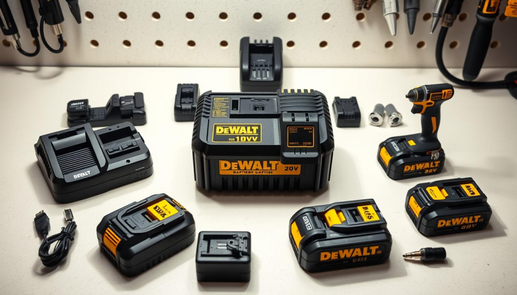 A DEWALT 20V battery charger sits prominently on a clean, minimalist workbench, its sleek black and yellow casing accented by the warm glow of LED charging indicators. Surrounding it, an array of compatible accessories is neatly displayed, including replacement batteries, charging docks, and tool adapters. The scene is bathed in soft, directional lighting, casting subtle shadows that emphasize the product's robust construction and attention to detail. The overall composition conveys a sense of organization, efficiency, and the reliable power that DEWALT tools are known for, perfectly reflecting the "Accessories and Additional Products" section of the article.