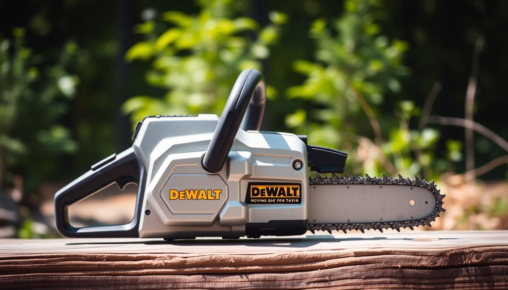 A DEWALT 20V mini chainsaw, its sleek silver body gleaming under natural lighting. The chainsaw is resting on a wooden surface, showcasing its compact size and ergonomic design. The blades are sharp and ready for action, hinting at the powerful performance concealed within its small frame. In the background, a lush green forest backdrop adds a sense of rugged outdoors, complementing the tool's intended use. The scene conveys a balance of industrial precision and natural utility, inviting the viewer to imagine the DEWALT mini chainsaw tackling their toughest landscaping and woodworking tasks with ease.